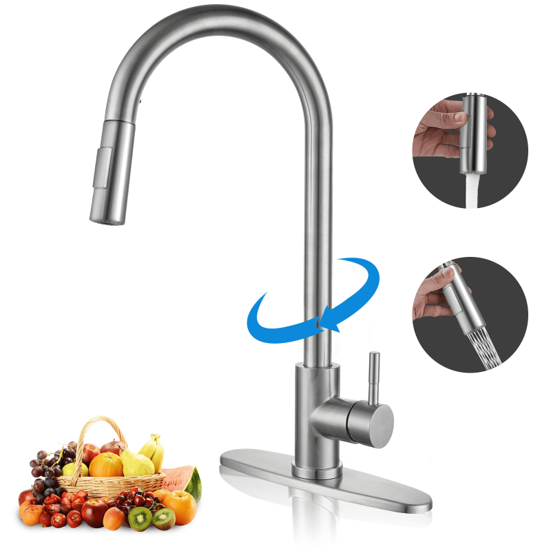 Photo 1 of ***MISSING HANDLE, PARTS ONLY*** WYRAVIO Kitchen Faucet with Pull Down Sprayer, 304 Stainless Steel Kitchen Sink Faucets with Deck Plate, High Arc Single Handle
