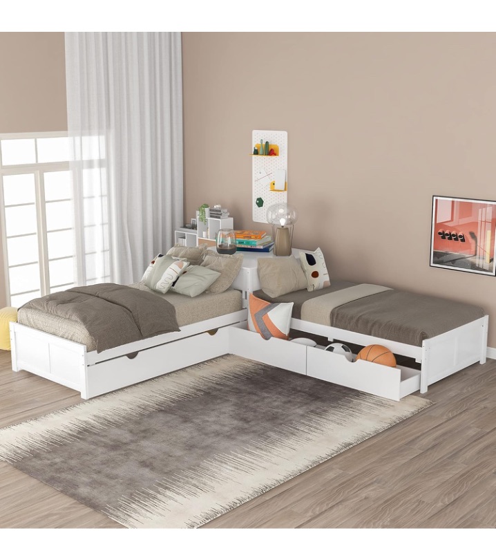 Photo 1 of **see notes**
L-Shaped Twin Platform Bed Frame with Trundle and 2 Storage Drawers, Corner Wood Twin Platform Bed Frame Linked with Built-in Table for Kids Boys Girls Teens Adults, No Box Spring Need, White