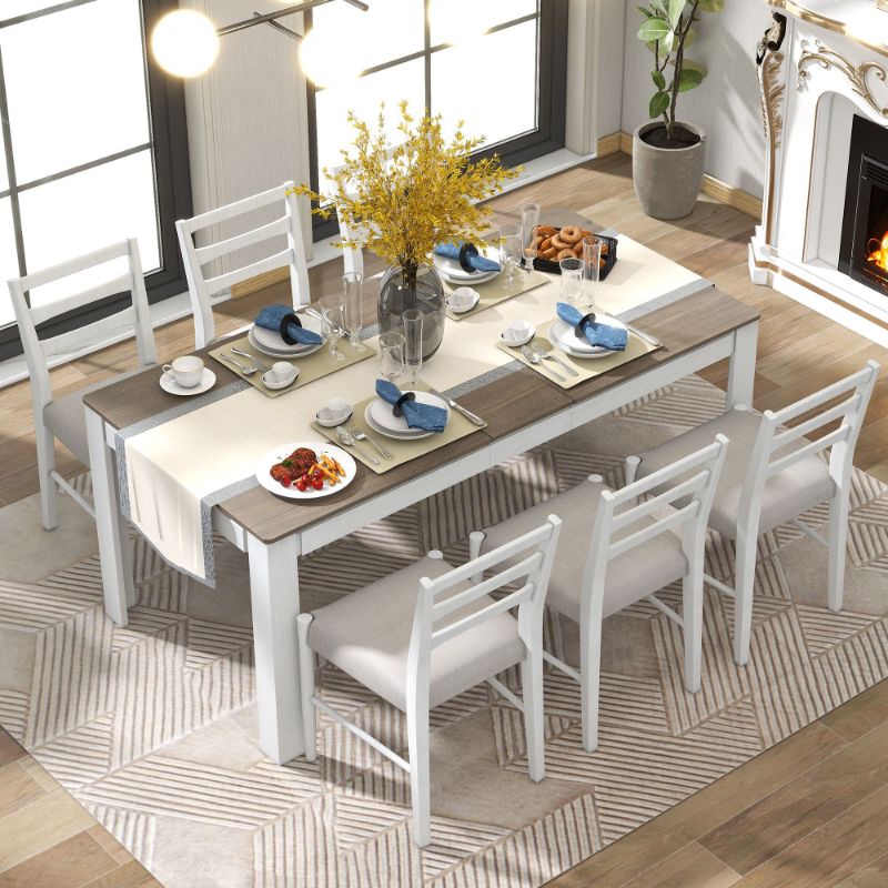 Photo 1 of 7Pc Wooden Dining Table Set Mutifunctional Extendable Table w/ 12” Leaf (Brown + White) 
