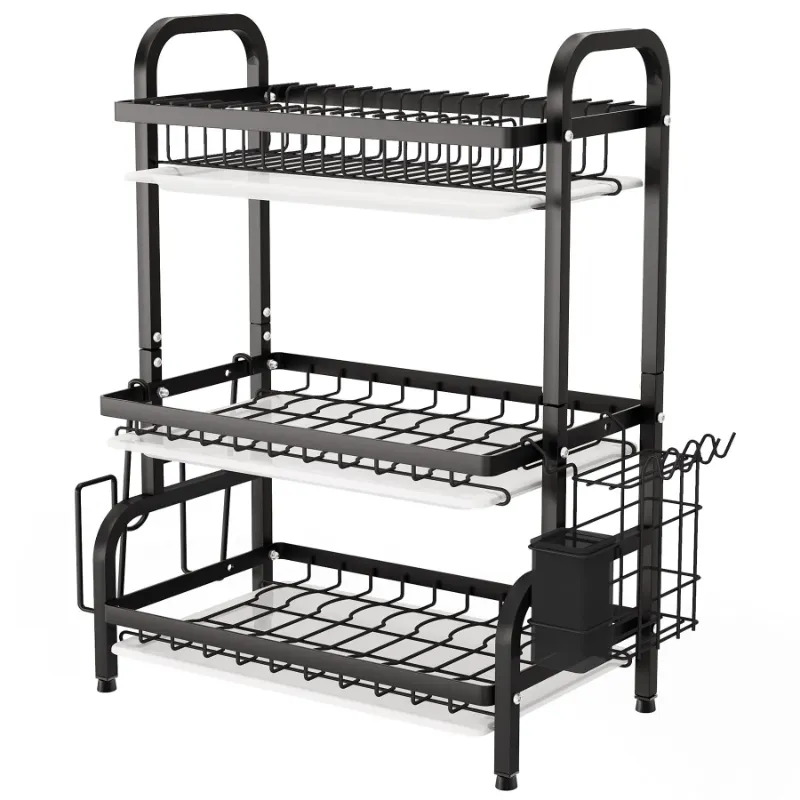 Photo 1 of 3 Tier Dish Rack for Kitchen, Rustproof Dish Drying Rack with Drain Trays, Stainless Steel Dish Drainer, Multifunctional Drying Rack for Dishes with Knife Holder Cutting Board Holder, Black
