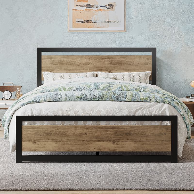 Photo 1 of Allewie Queen Bed Frame, Metal Platform Bed Frame with Wooden Headboard, 12.4" Under-Bed Storage, Brown