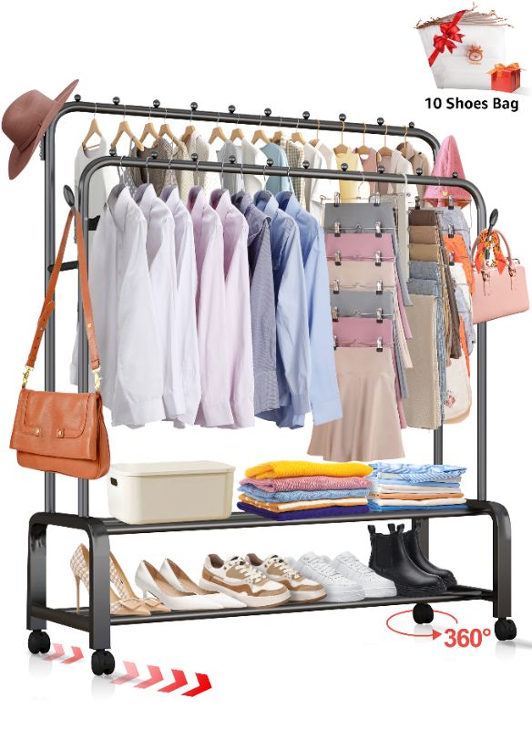 Photo 1 of Doulami 2 Tiers Clothes Rack on Wheels Double Rails Rolling Garment Rack Clothes Rack with Shelves Hanging Rack with Side Hooks and Shoes Bag