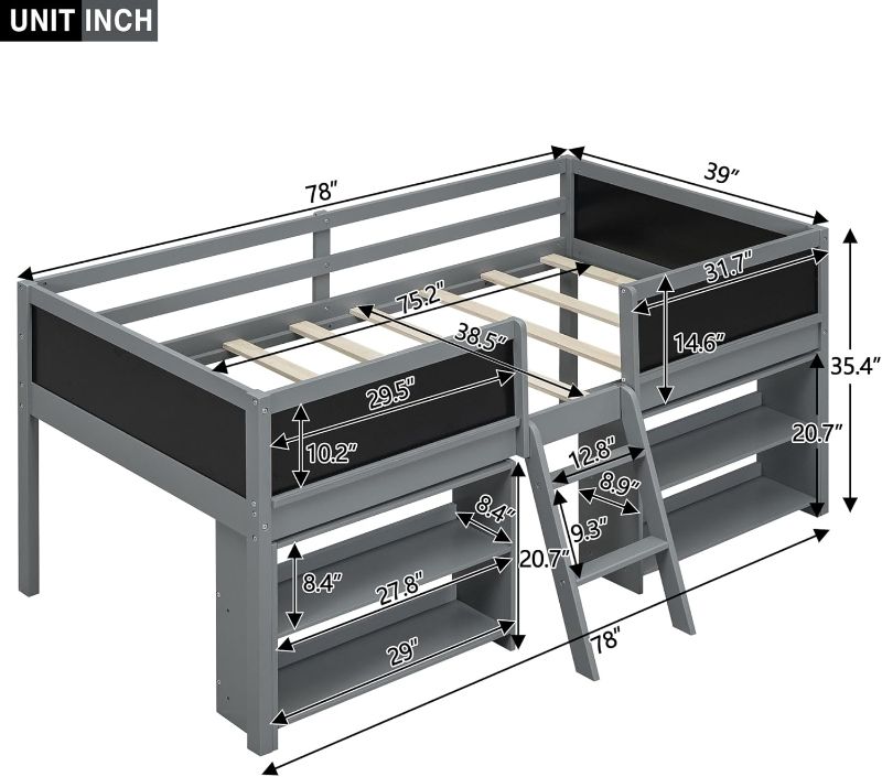 Photo 1 of  (BOX 1 OF 3 ONLY) Twin Size Low Loft Bed with Two Movable Shelves and Ladder,with Decorative Guardrail Chalkboard,Gray