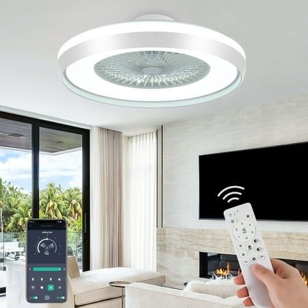 Photo 1 of 24 Low Profile Ceiling Fan with Light Smart 3 Color Dimmable 6 Speeds Timing Remote/APP Control Modern Enclosed Flush Mount Invisible Fan Blade Re