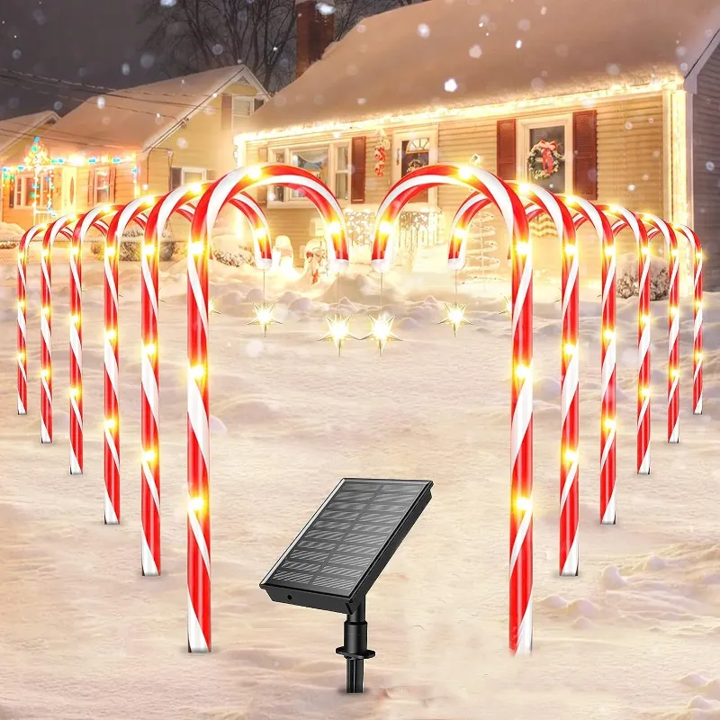 Photo 1 of 12 Pack Christmas Decorations Outdoor Solar Candy Cane Lights, Waterproof Solar Pathway Markers Yard Lights with Star, 8 Modes Xmas Decorations for Garden Yard Decor