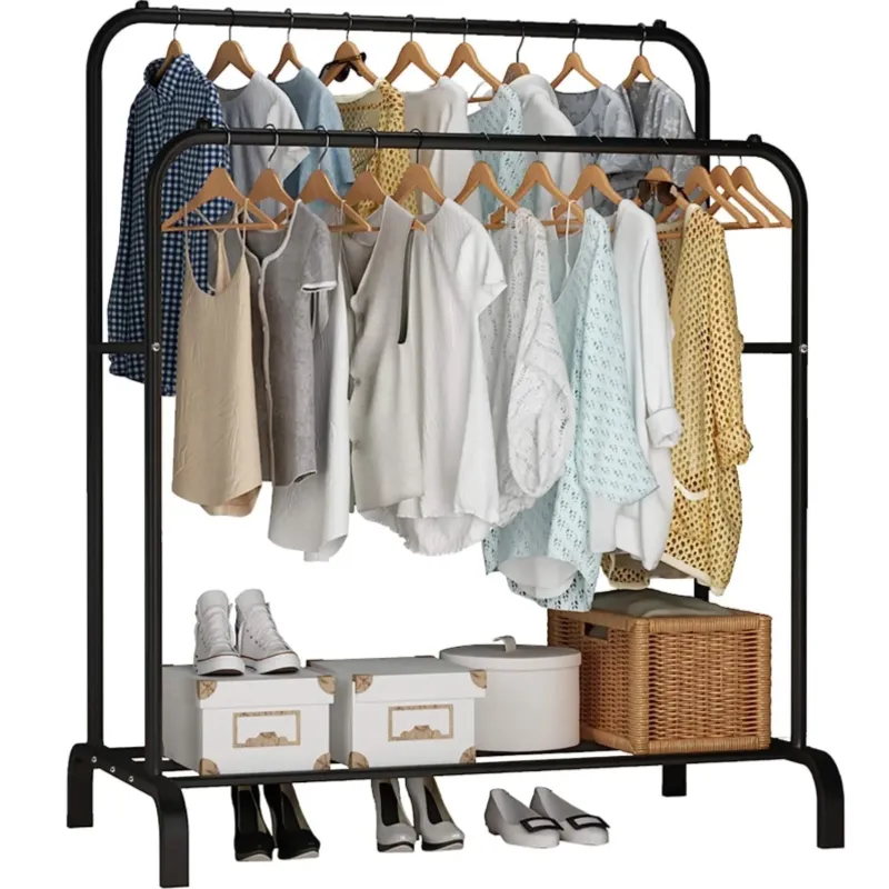 Photo 1 of ***MISSING PARTS****Double Rail Clothes Rack, Clothes Hanging Rack, Heavy Duty Clothes Drying Rack, Free Standing Garment Rack for Clothes Storage, Metal Double Rod Clothing Garment Rack Coat Rail Black
