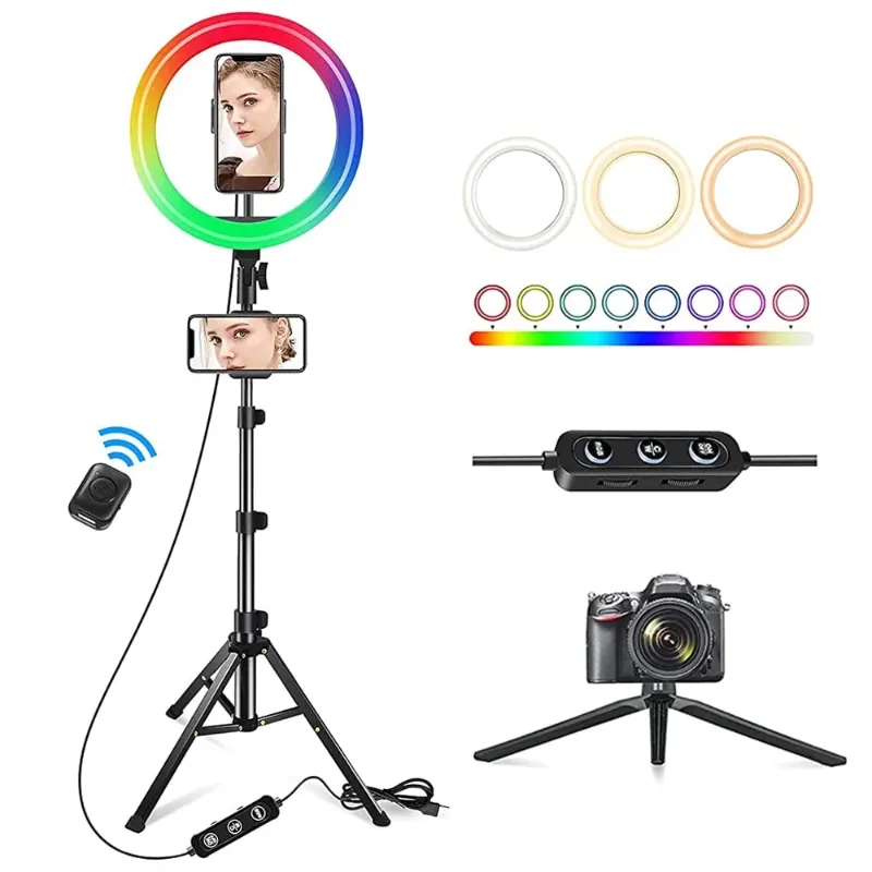 Photo 1 of 13" LED RGB Selfie Ring Light Mini & Extendable Tripod Stand & Phone Holder 10 Brightness Level 26 Light Modes Dimmable Ringlight for Beauty Makeup Live Streaming YouTube Video Photography Shooting
