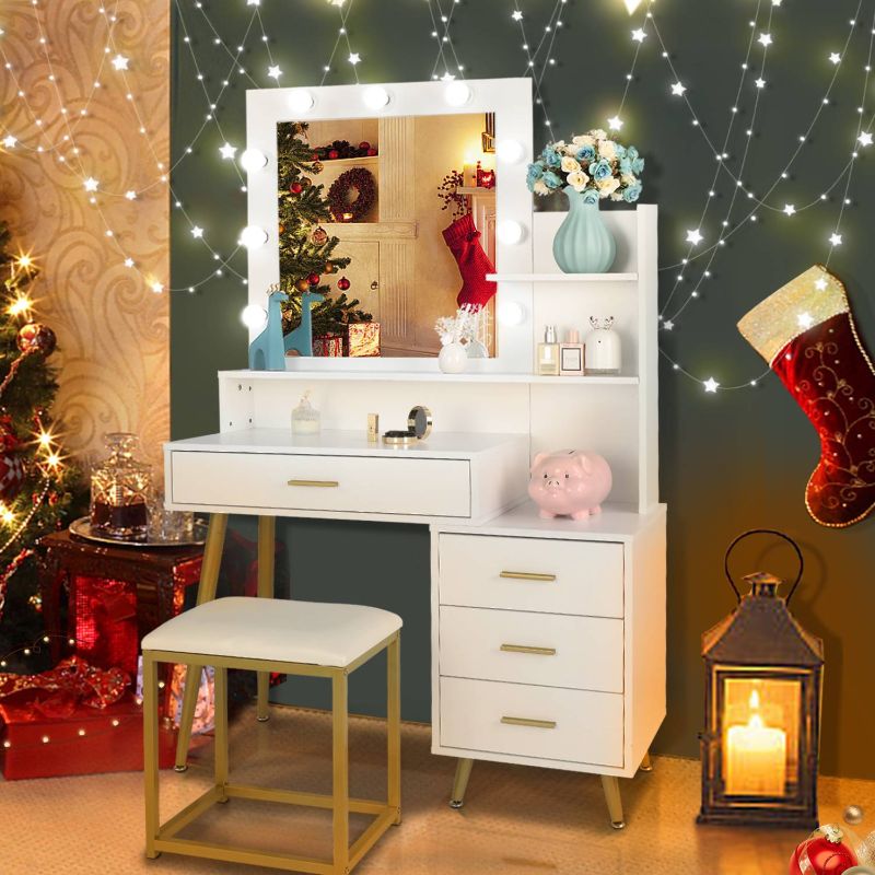 Photo 1 of **see notes**
Ktaxon Vanity Table Set with Lighted Mirror, Makeup Table with 4 Drawers, Dressing Vanity Tables, Dresser Desk for Girls, Women, White
