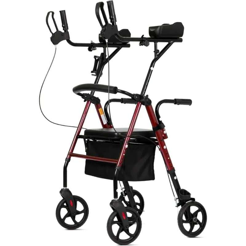 Photo 1 of ELENKER Stand up Folding Rollator Walker, Aluminum Upright Rollator Walker with Sitting Seat and Backrest for Seniors, Red
