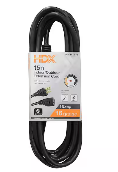 Photo 1 of 15 ft. 16/3 Light Duty Indoor/Outdoor Extension Cord, Black


