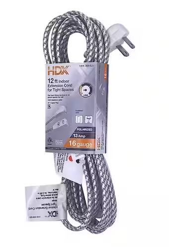 Photo 1 of 12 ft. 16/2 Light Duty Indoor Braided Tight Space Extension Cord, Grey/White