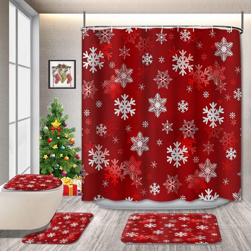 Photo 1 of ***SIMILAR BUT NOT EXACT***   ArtSocket Merry Christmas Bathroom Set with Shower Curtain and Rugs Accessories, Christmas Tree Christmas Red Ball Snow Shower Curtain for Bathroom, Snowflake Bathroom Decor 4 Pcs