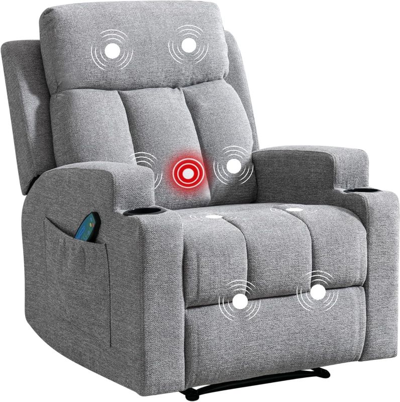 Photo 1 of ***MAY BE SIMILAR BUT NOT EXACT***  Phoenix Home Manual Recliner Chair with Massage and Heat for Living Room Overstuffed Breathable Fabric Reclining Chair with 2 Side Pockets, 2 Cup Holders, Remote Control, Light Gray
