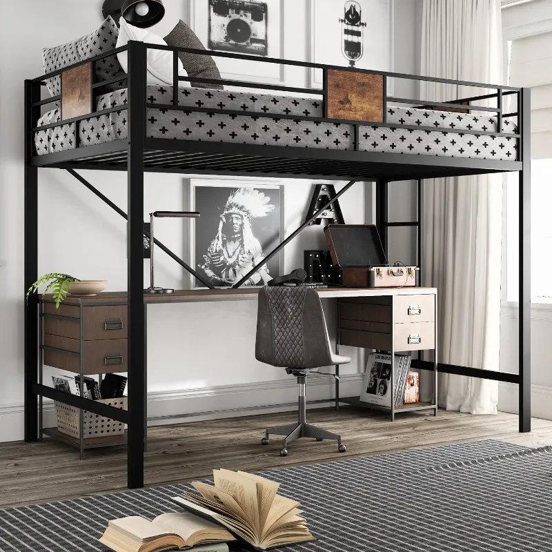 Photo 1 of Amolife Metal Twin Size Loft Bed Frame with Stairs & Full-Length Guardrail, Rustic Wood, Black Frame (Desk not included)
