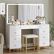 Photo 1 of  White Vanity Desk with Large Mirror, Lights and Charging Station - Large Makeup Table Set with Magnifying Glass Drawers and 3 LED Light Modes, Upgraded