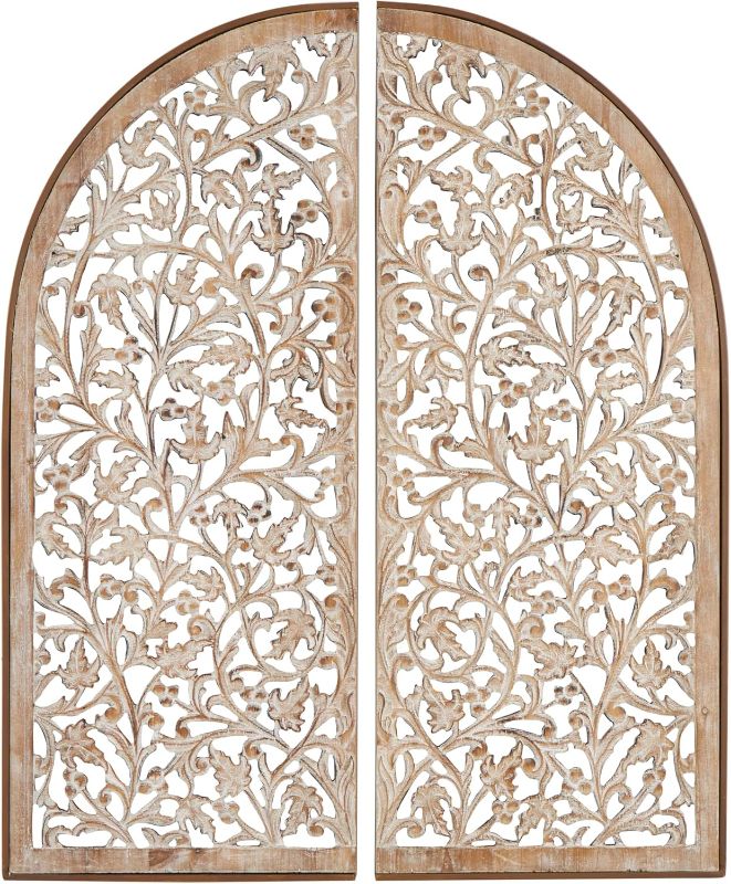 Photo 1 of Deco 79 Wooden Floral Handmade Home Wall Decor Arched Wall Sculpture with Intricate Carvings, Set of 2 Wall Art 15" W, 36" H, Brown
