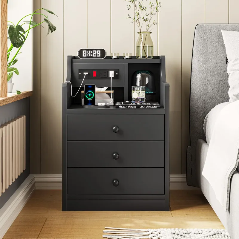 Photo 1 of Afuhokles Nightstand with Charging Station, Night Stand with Hutch and Storage Drawers, Black
