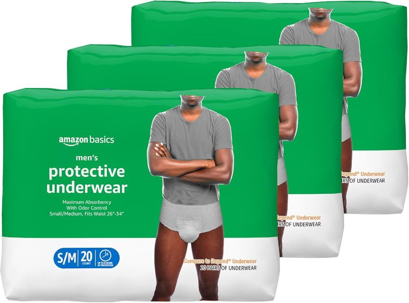 Photo 1 of 
Amazon Basics Men's Protective Underwear, Maximum Absorbency, Small/Medium, 60 Count, (3 Packs of 20)