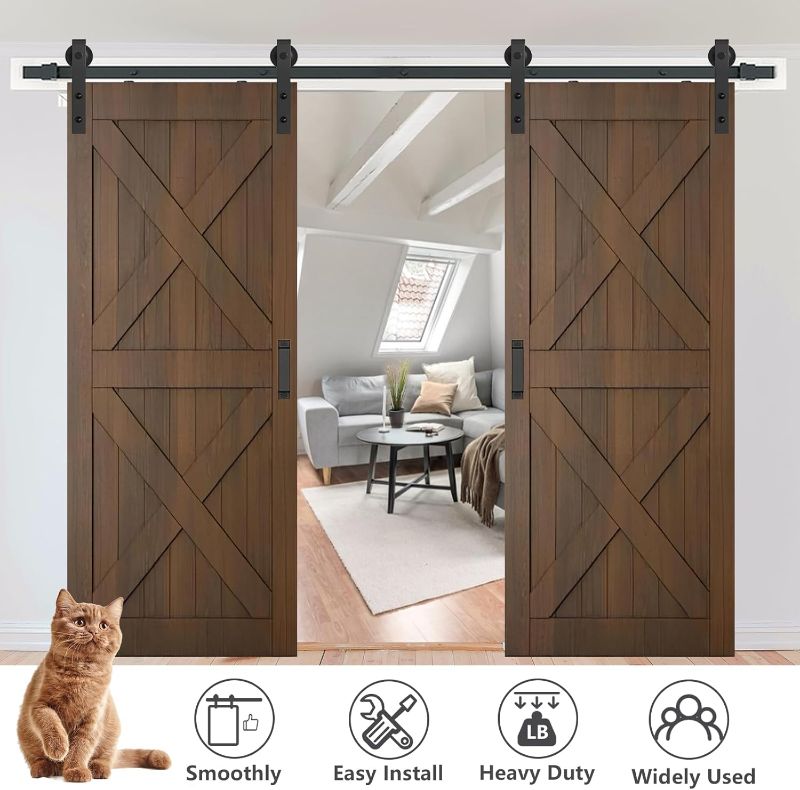 Photo 1 of 10 FT Double Barn Door Hardware Kit Heavy Duty Sliding Door Track Kit with Hook and 2 Handles,Smoothly and Quietly Hardware for Interior and Exterior Fit 30" Wide Door Panel (J Shape Hanger)
