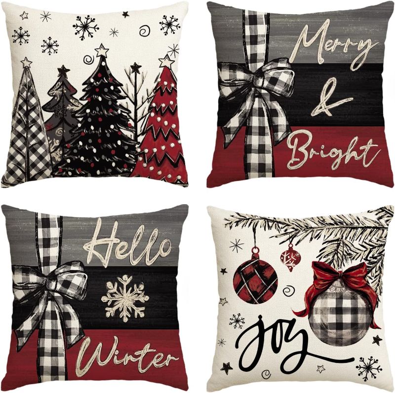 Photo 1 of AVOIN colorlife Merry Christmas Joy Xmas Trees Red Throw Pillow Covers, 20 x 20 Inch Christmas Winter Holiday Cushion Case Decoration for Sofa Couch Set of 4
