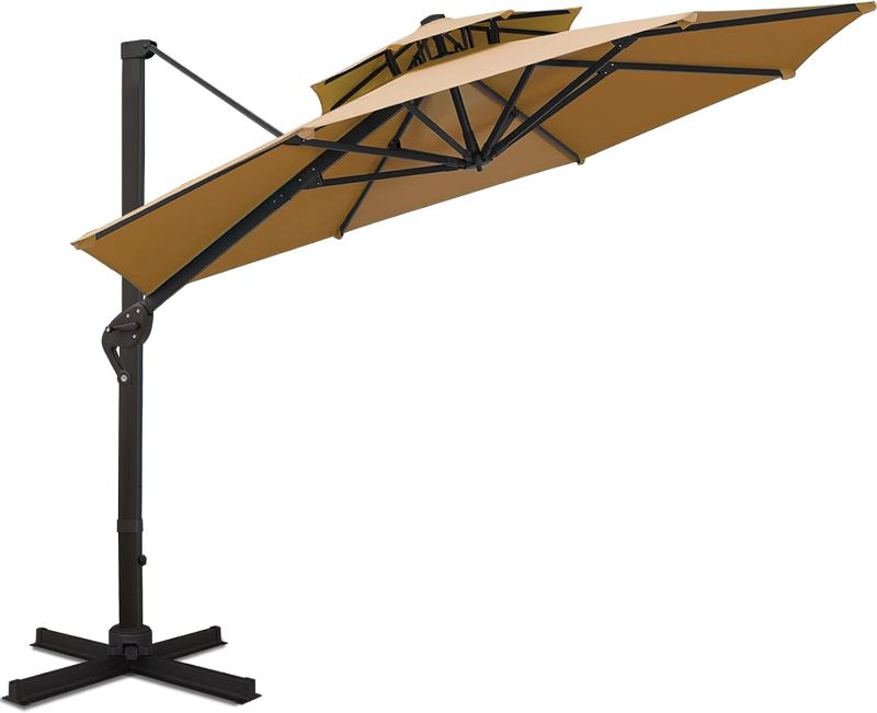 Photo 1 of 11 FT Cantilever Outdoor Patio Umbrella Large Heavy Duty Round Umbrellas 360° Rotation Offset Umbrella for Outside Deck Backyard Garden Pool, Beige
