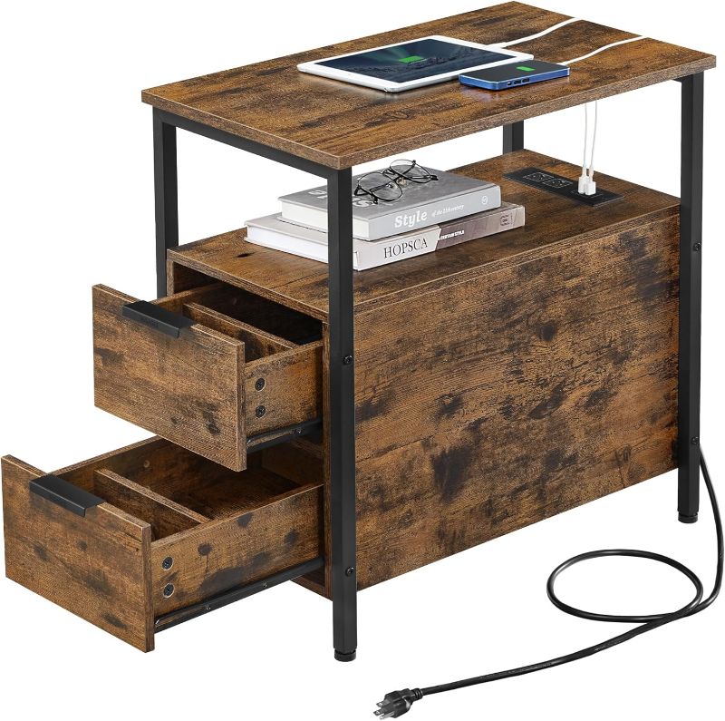 Photo 1 of 
VASAGLE Side Table with Charging Station, Narrow End Table with 2 Drawers, Slim Nightstand and Bedside Table with Storage, for Small Spaces, Rustic Brown + Black
