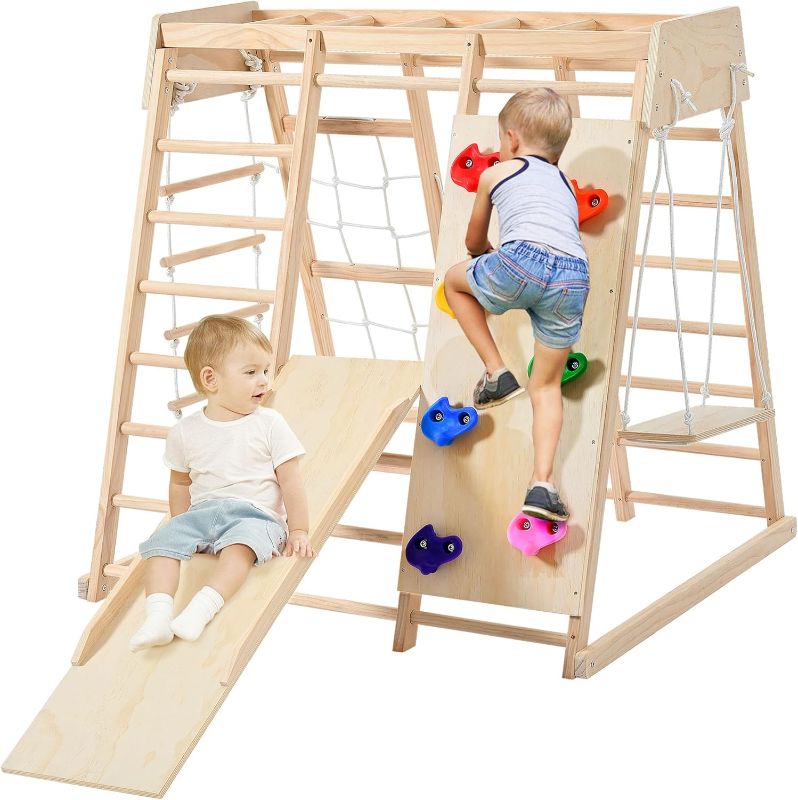 Photo 1 of Climbing Toy for Toddler, Indoor Jungle Gym with Slide, Climbing Rock/Net, Monkey Bars, Swing, Rope Wall Climber Montessori Climber Playset Wooden Indoor Playground for Kids 2-12 years Inside