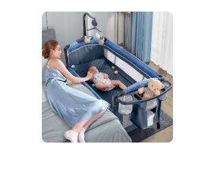 Photo 1 of BabyBond Unisex Infant Flat Bedside Sleeper Bassinet, Diaper Changing Table with Wheels and Floding Frame For 0-36 months Baby (Blue)
