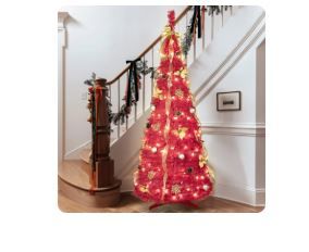 Photo 1 of 6ft Pop Up Christmas Tree Pre Decorated, Bringstar Pull Up Prelit Xmas Tree with 150 Led Lights, Red Artificial Trees
