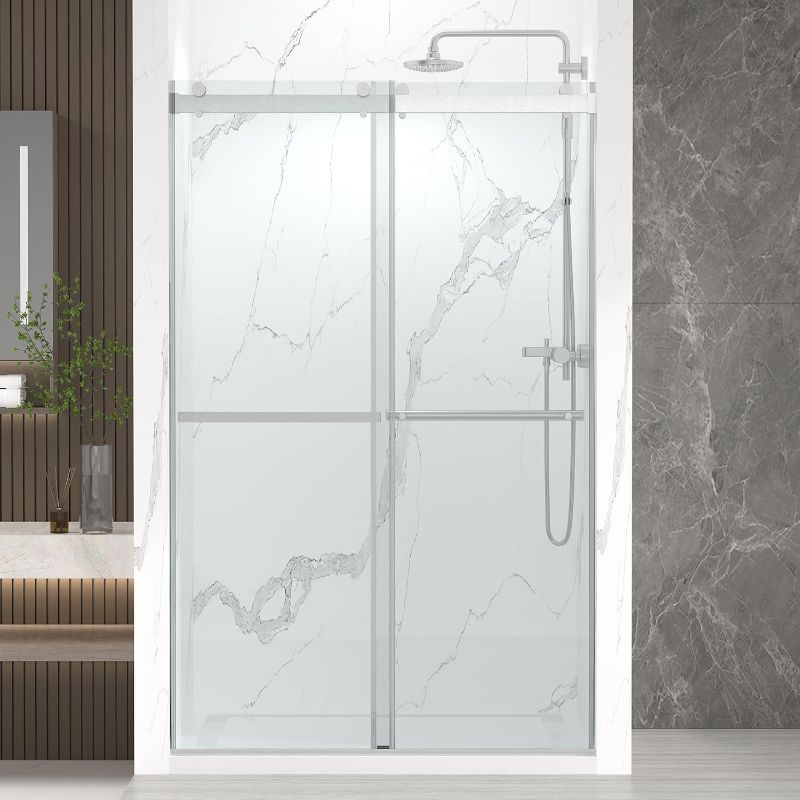 Photo 1 of 44-48” x 76” Frameless Shower Door, 5/16" (8mm) Clear SGCC Tempered Glass, Bathroom Dual Sliding Shower Doors, Brushed Nickel