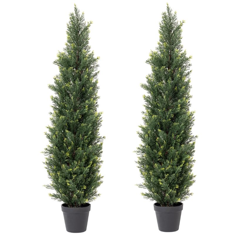 Photo 1 of Artificial Cedar Tree 2 Pack 3 ft Outdoor Artificial Topiary Cedar Plants Fake Tree UV Rated Potted Plants for Porch Decor Faux Pine Tree for Perfect Housewarming Gift
