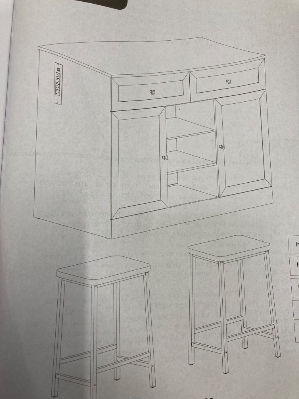 Photo 1 of ** see notes**  3pc Kitchen Island, 48" Grey Marble Top w/ 2 Black Vegan Leather Counter Stools, Dual Towel Racks, Wine Rack, Adjustable Shelves, 48" L x 28" W x 36" H
