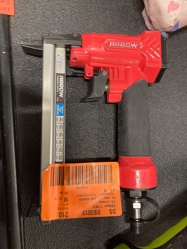 Photo 1 of Arrow PT50 Oil-Free Pneumatic Staple Gun, Professional Heavy-Duty Stapler for Wood, Upholstery, Carpet, Wire Fencing, Fits 1/4”, 5/16”, 3/8", 1/2", 9/16” Staples , Red

