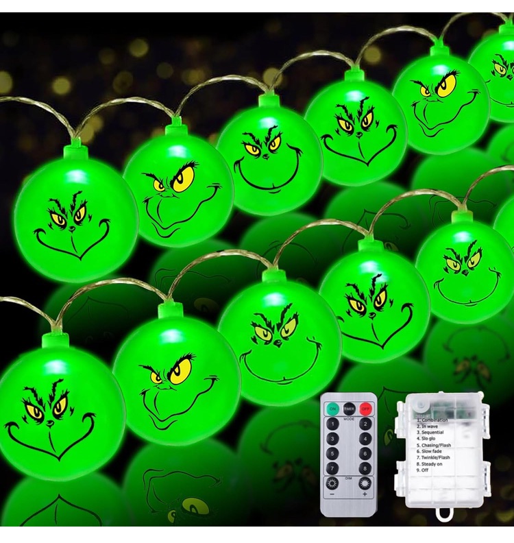 Photo 1 of 30 LED 15 Ft Battery Operated Grinch Christmas Lights, Grinch Christmas Decorations 8 Modes Waterproof Christmas Lights with Remote for Grinch Christmas Tree (2Pack)