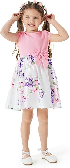 Photo 1 of 2 PATPAT Girls Dress Short Sleeve Princess Bowknot Little Big Girl Party Twirly Casual Dresses. size 5-6Y
