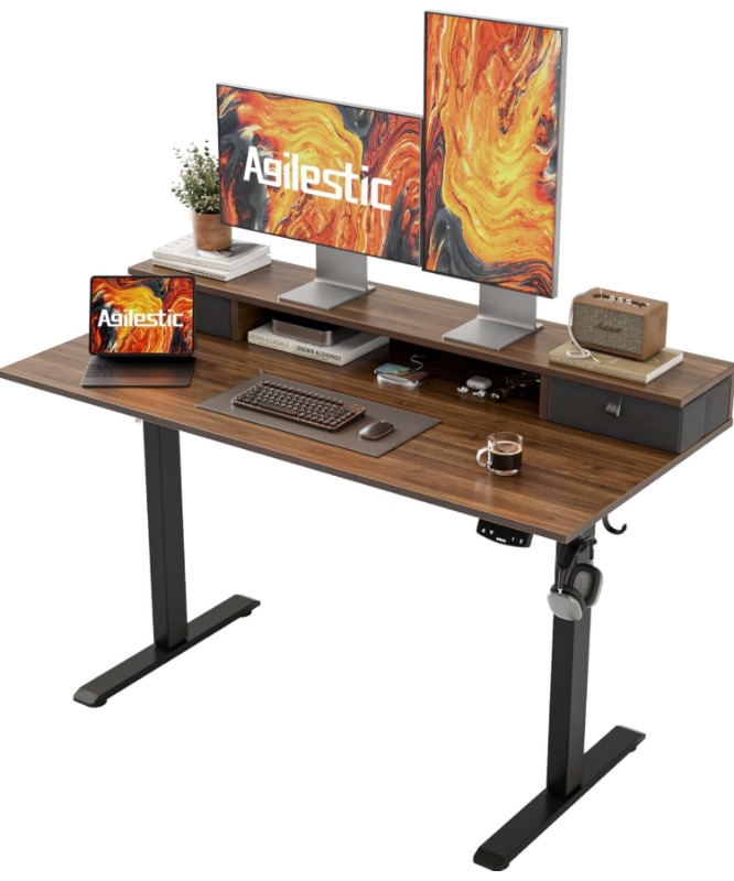 Photo 1 of 48 x 24 Inches Height Adjustable Electric Standing Desk with 2 Drawers, Stand Up Electric Desk Adjustable Height, Sit Stand Computer Gaming Table with Splice Board, Dark Walnut