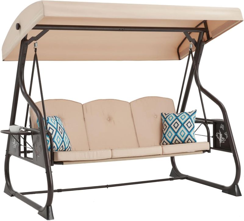 Photo 1 of 3-Seat Patio Porch Swing 800LBS Outdoor Swing with Stand w/Canopy & Adjustable Backrest Patio Glider Chair w/Removable Pillows & Foldable Side Tray for Balcony Garden Deck 