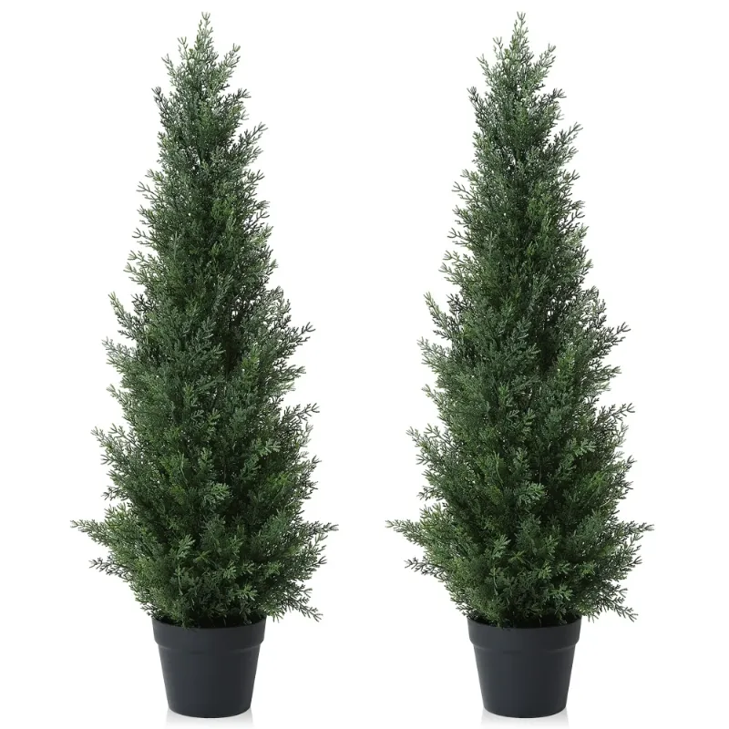 Photo 1 of Artificial Cedar Tree 2 Pack 3 ft Outdoor Artificial Topiary Cedar Plants Fake Tree UV Rated Potted Plants for Porch Decor Faux Pine Tree for Perfect Housewarming Gift