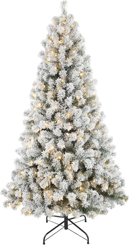 Photo 1 of 8ft Flocked Christmas Tree with 250 Warm White Lights, Frosted Artificial Tree with 820 Snowy Branch Tips, Metal Stand & Foldable Base - Ideal for Home, Office, Party, or Holiday Decor