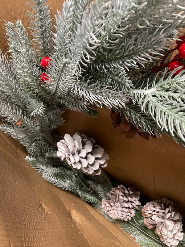 Photo 2 of 28in Artificial Christmas Wreath, Frosty Christmas wreath with Crestwood Spruce, Decorated with Pine Cones, Berry Clusters, Frosted Branches, Christmas Collection Green
