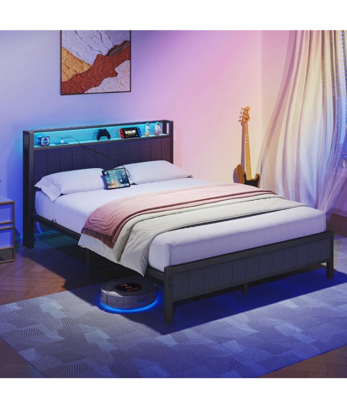 Photo 1 of DUMEE Full Size Bed Frame with Storage Headboard and Footboard, Metal Platform Upholstered Bed Frame Full Size with Charging Station, USB Ports and RGB LED Lights, Enhanced Support, Dark Gray