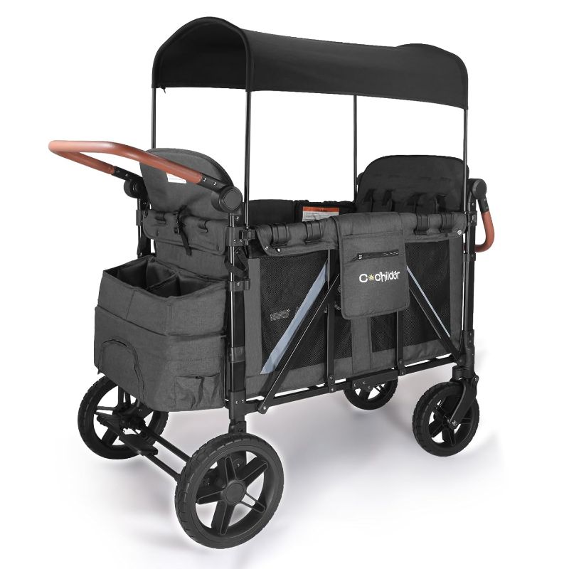 Photo 1 of 4 Seater Wagon Stroller, Foldable Stroller Wagon for 4 Kids, with Canopy, 5 Point Harness, Adjustable Handlebars, and Reflector Strips, Dark Grey
