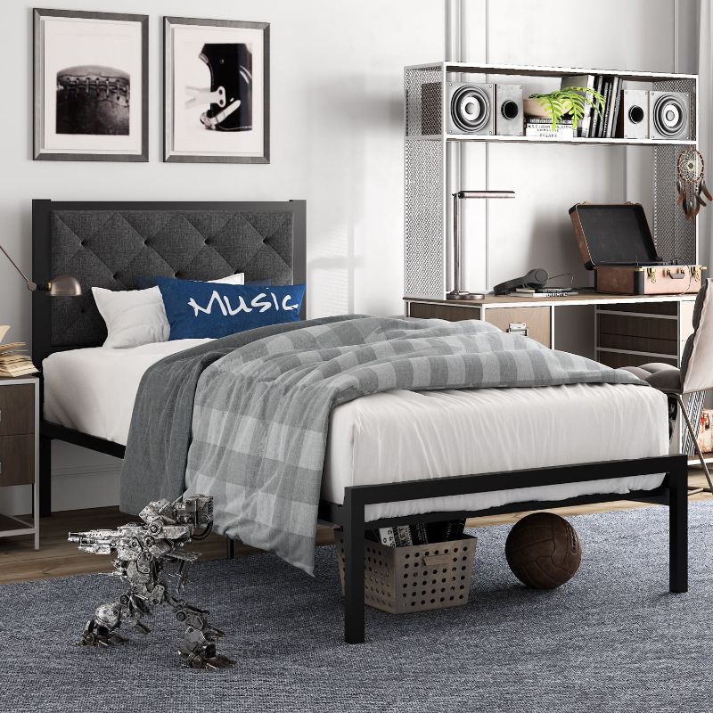 Photo 1 of Amolife Twin Size Metal Bed Frame with Upholstered Headboard, Dark Gray
