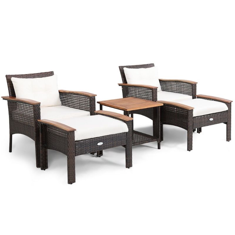 Photo 1 of (See Comments) 5PCS Patio Rattan Furniture Set Acacia Wood Table Armrest Cushion Yard
