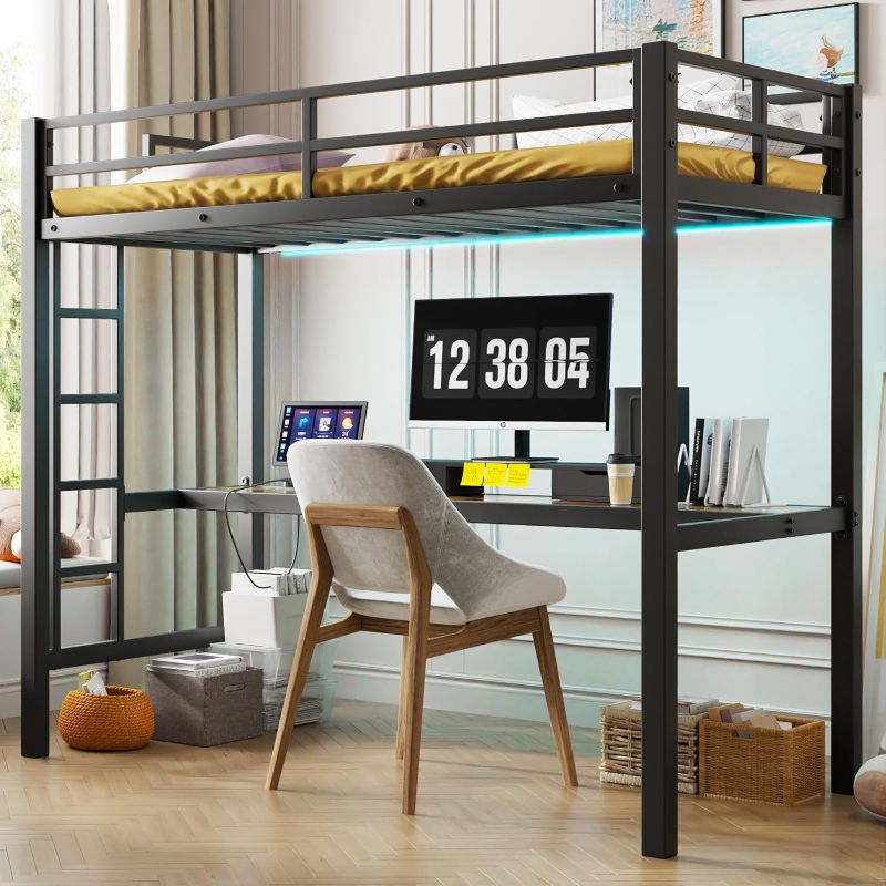 Photo 1 of 
***STYLE MAY VARY***Metal Twin Bed with Desk, Metal Loft Bed Frame with USB Power Outlet and LED Strip Lights for Kids and Teens, Black