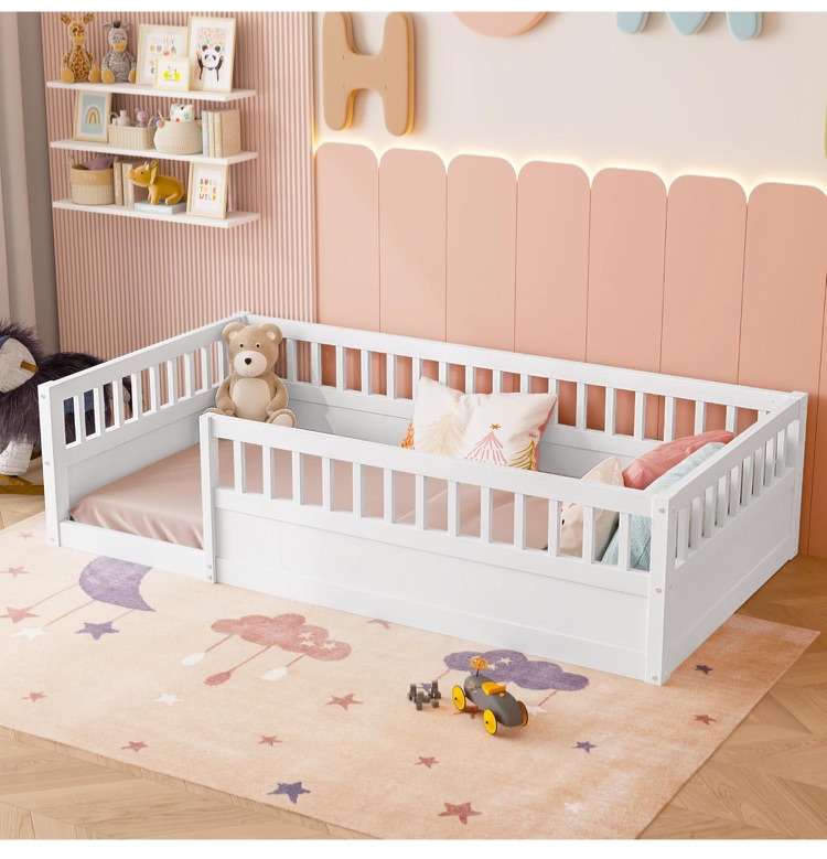 Photo 1 of ****HAS BROKEN WOOD PIECES****DNYN Twin Size Montessori Floor Bed for Kids Bedroom,Wooden Bedframe w/Fence & Easy Assemble & Space Saving Design & No Box Spring Needed, White