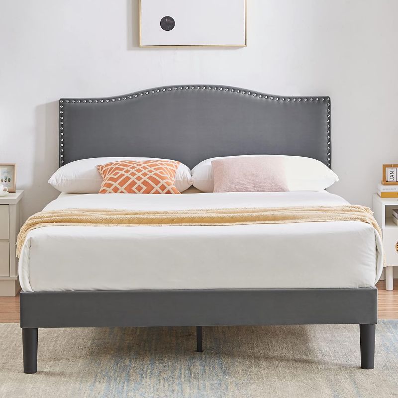 Photo 1 of (See Comments) VECELO Queen Bed Frame Platform Bed Frame with Upholstered Headboard, Strong Frame and Wooden Slats Support, Strong Weight Capacity, Non-Slip and Noise-Free, Easy Assembly,Dark Grey
