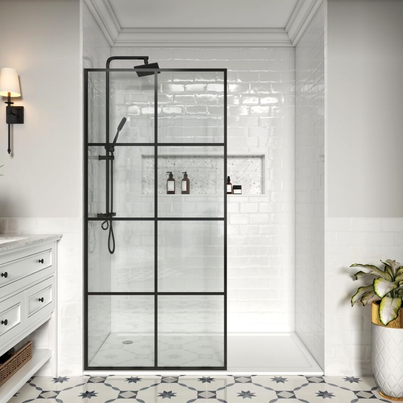 Photo 1 of 36" W x 76" H Shower Screen, Glass Shower Panel for Walk-in Shower, Fixed Shower Door with 3/8” (10mm) SGCC Tempered Glass, Matte Black
