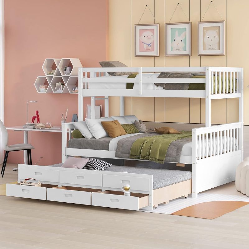 Photo 1 of ***PARTS ONLY***
Harper & Bright Designs Twin Over Full Bunk Bed with Twin Size Trundle and 3 Storage Drawers, Separable Bunk Beds Twin Over Full Size, Wood Bunk Bed Frame for Kids Teens Boy & Girls (White)
