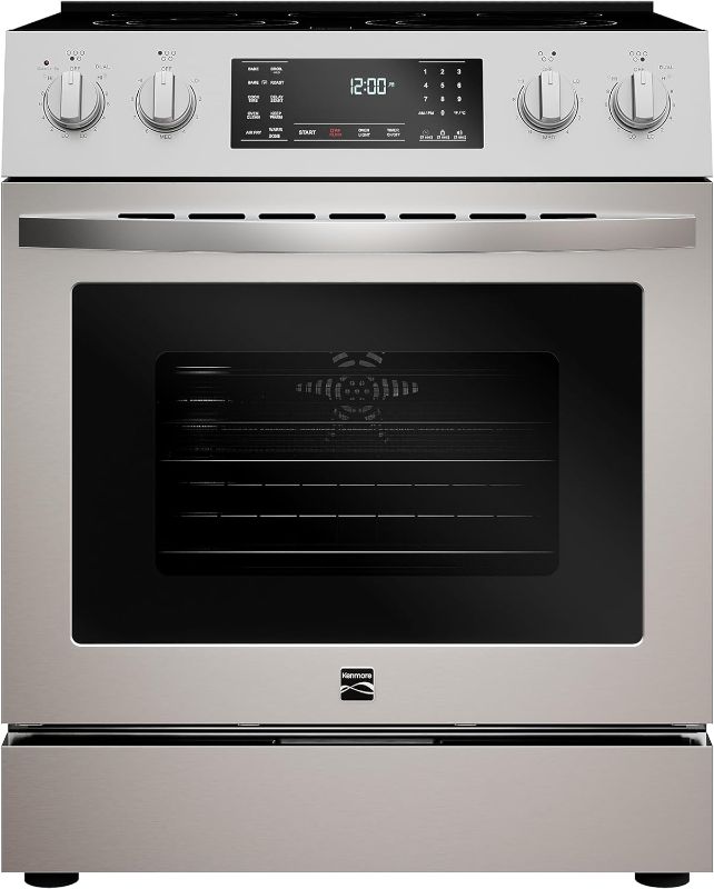 Photo 1 of **stove is electric**
Kenmore Front Control Electric Range Oven with 5 Cooktop Elements with 7 Cooking Power Options, True Convection, Steam and Self Clean, Freestanding Oven, 4.8 cu. ft. Capacity Stainless Steel
